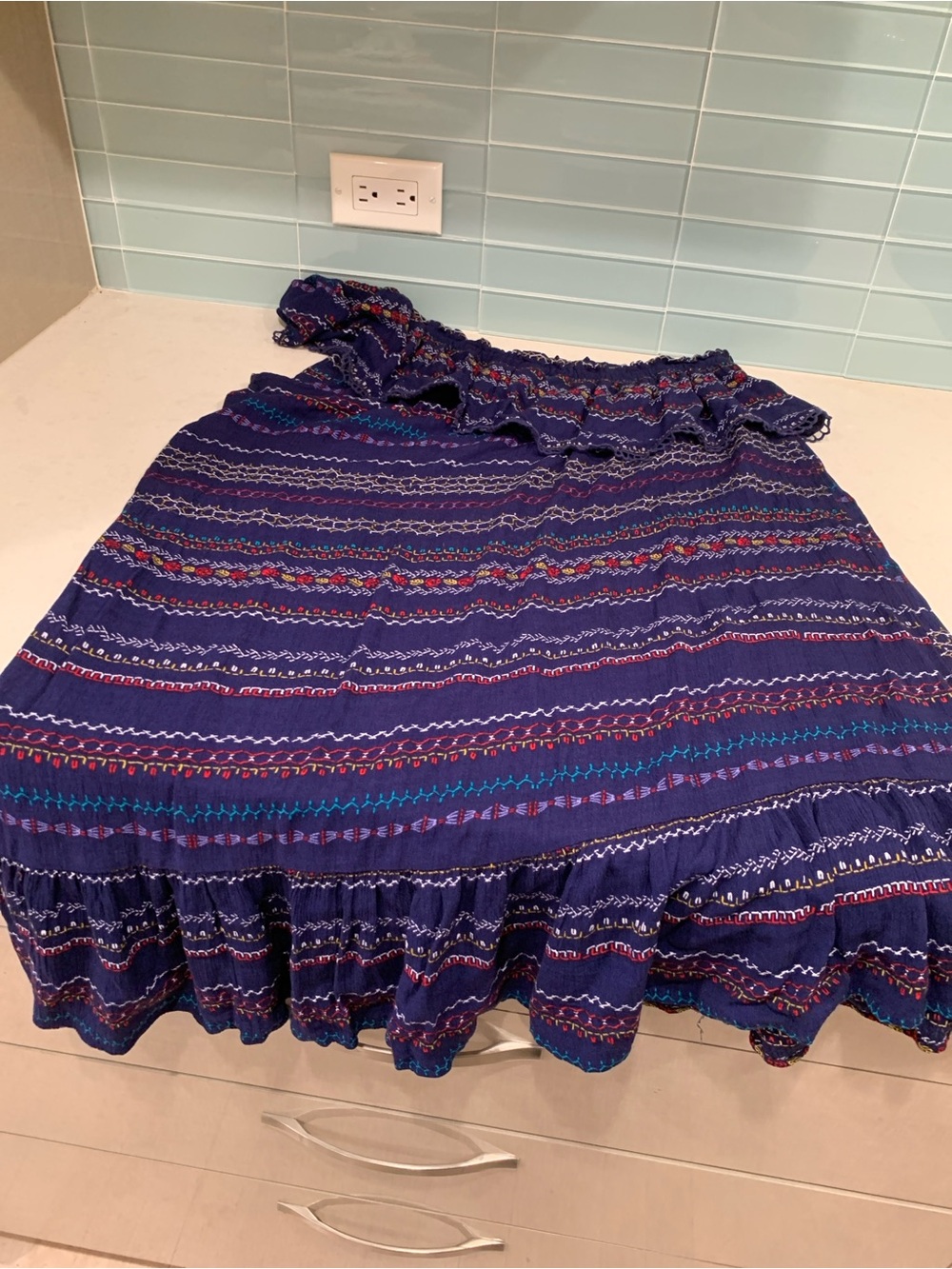 Xilaration Navy Boho One Shoulder Knee Length Stitch Stripping XL